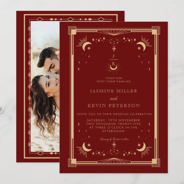 Convite de Casamento Borgonha Estrela Lua Mística  (Frente/Verso)