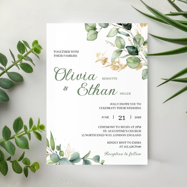 Convite de Casamento Botânico Aquarela Eucalipto V (Criador carregado)