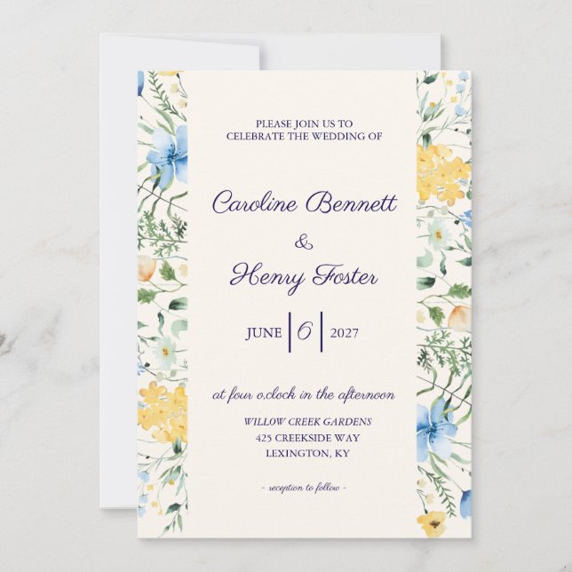 Convite de Casamento Botânico Azul e Amarelo (Frente)