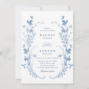 Convite de Casamento Botânico Azul Francês Elegant