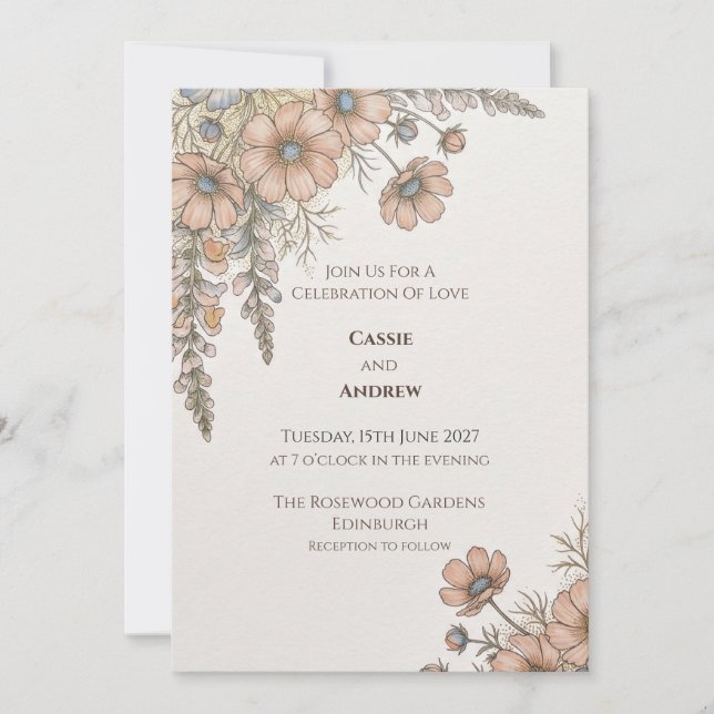 Convite de Casamento Botânico Azul Pêssego (Frente)