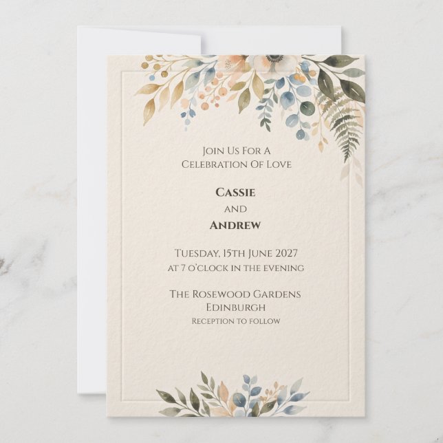 Convite de Casamento Botânico Azul Verde (Frente)