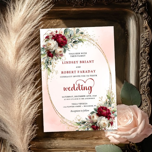 Convite de Casamento Botânico Boho Burgundy Elegan (Elegant Burgundy Boho Botanical Wedding Invitation)