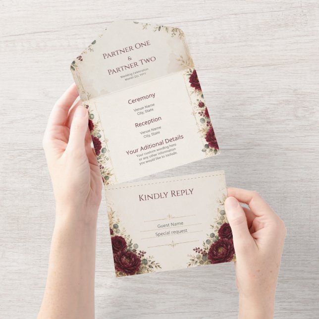 Convite de Casamento Botânico Borgonha Luxuoso (Aba destacável)