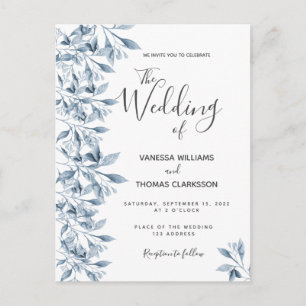 Convite de casamento botânico branco azul