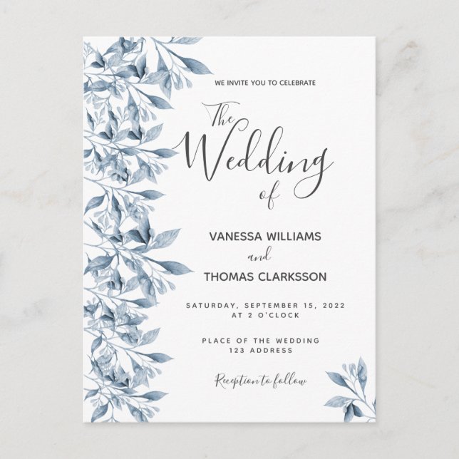 Convite de casamento botânico branco azul (Frente)