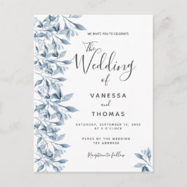 Convite de casamento botânico branco azul