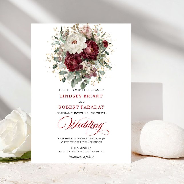 Convite de Casamento Botânico Branco Borgonha Clás (Classic Burgundy White Botanical Wedding Invite)
