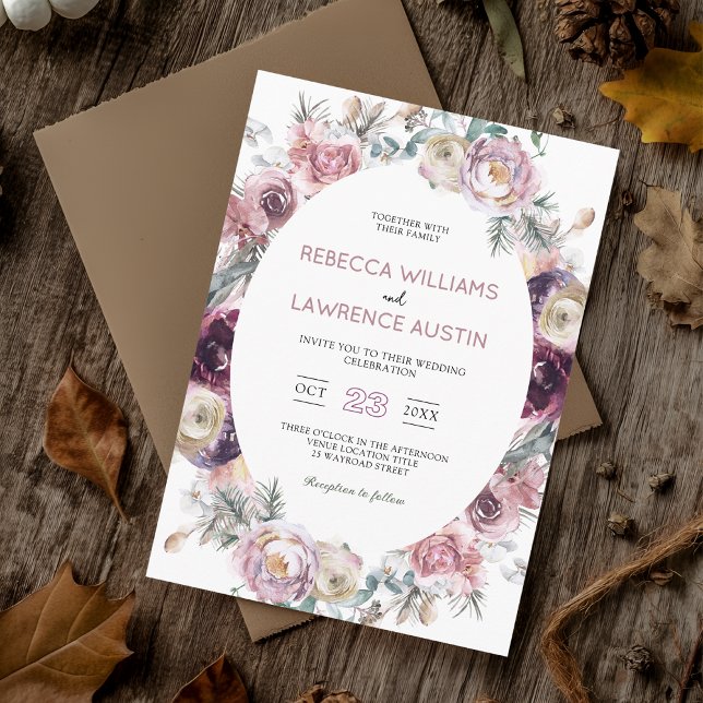 Convite de casamento botânico burgundy com rubor c (Criador carregado)