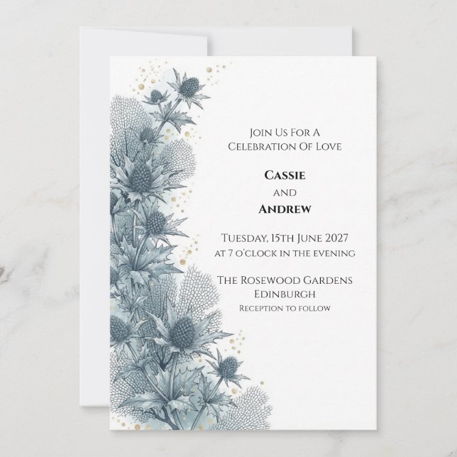 Convite de Casamento Botânico Cardo Azul (Frente)