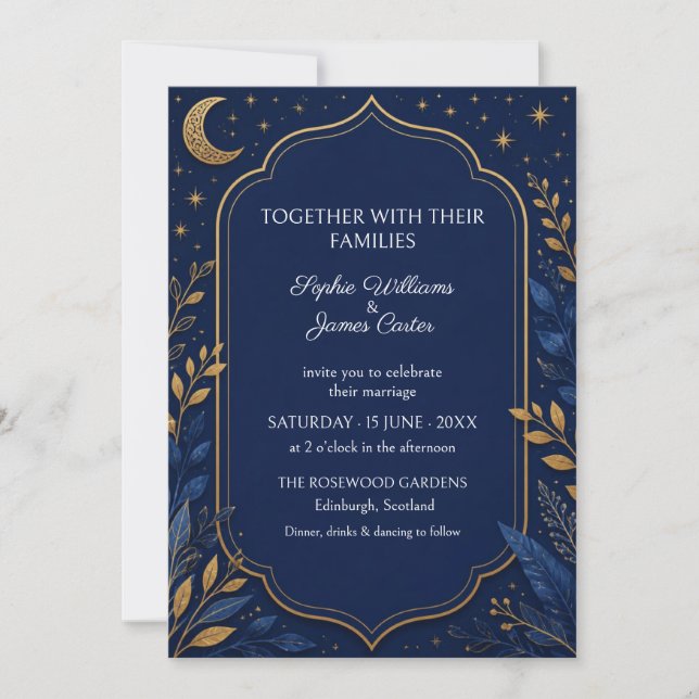 Convite de Casamento Botânico Celestial Navy Doura (Frente)