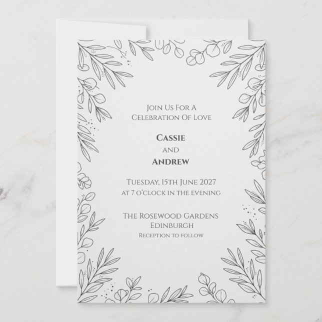 Convite de Casamento Botânico com Arte de Linha Br (Frente)