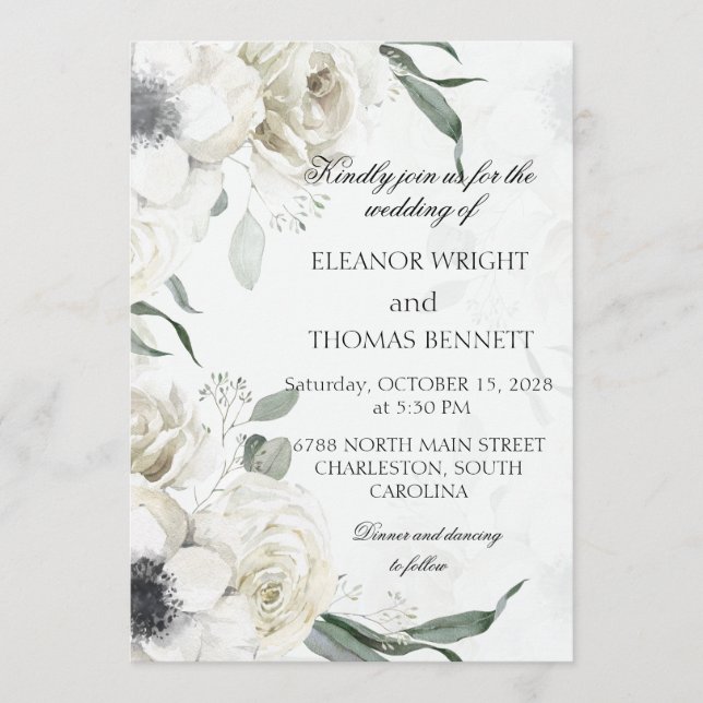 Convite de Casamento Botânico com Folhagem Floral  (Frente)