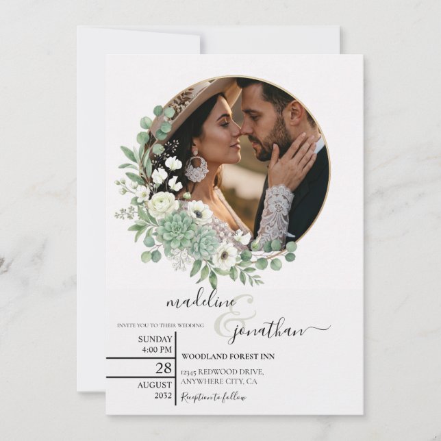 Convite de Casamento Botânico com Foto Dourada (Frente)