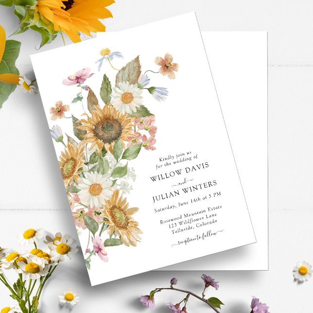 Convite de Casamento Botânico com Girassóis (Elegant Sunflower Wildflower Botanical Wedding Invitation by Painted Paperie
)