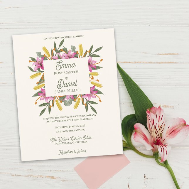 Convite de Casamento Botânico com Lírio Rosa Român (Blush Pink Lily Botanical Wedding Invitation Flat Card | Romantic Watercolor Floral Garden Wedding )