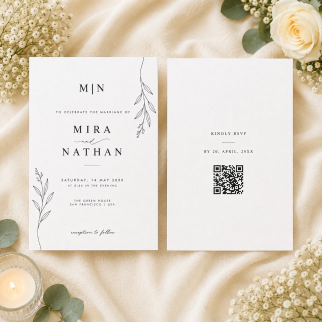 Convite de Casamento Botânico com Monograma & QR (Criador carregado)