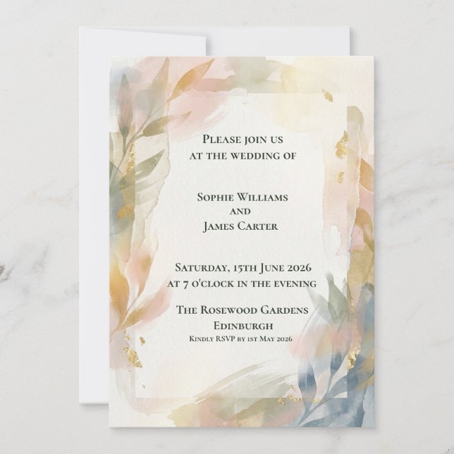 Convite de Casamento Botânico com Pincelada Pastel (Frente)