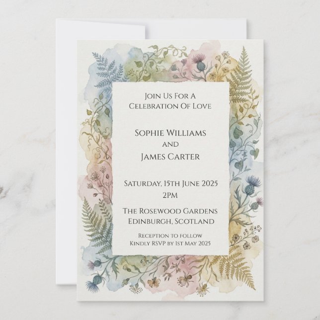 Convite de Casamento Botânico de Aquarela com Card (Frente)