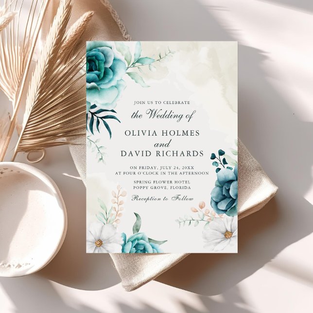 Convite de Casamento Botânico de Flor Silvestre Bo (Boho Off-White Teal Wildflowers Wedding Invite on a sunny neutral boho table.)