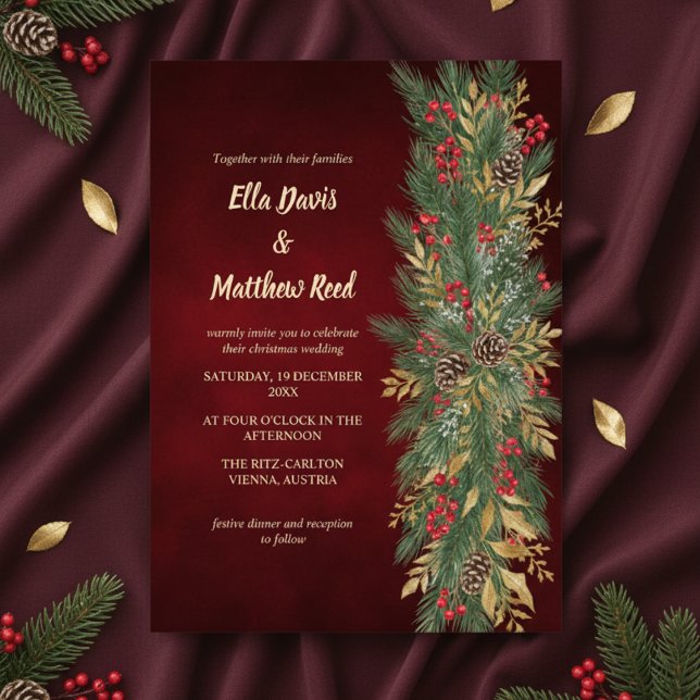 Convite de Casamento Botânico de Natal em Veludo V (Red Velvet Christmas Botanical Wedding Invitation)