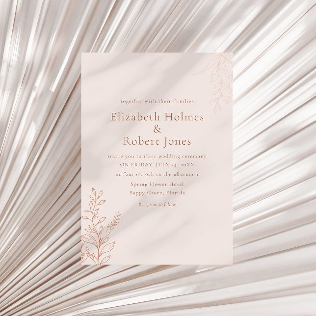 Convite de Casamento Botânico de Terracota Minimal (Minimal Terracotta Botanical Wedding Invitation on a neutral dry palm leaf.)
