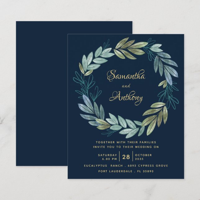 Convite de Casamento Botânico Dourado Marinha Econ (Frente/Verso)