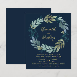 Convite de Casamento Botânico Dourado Marinha Econ