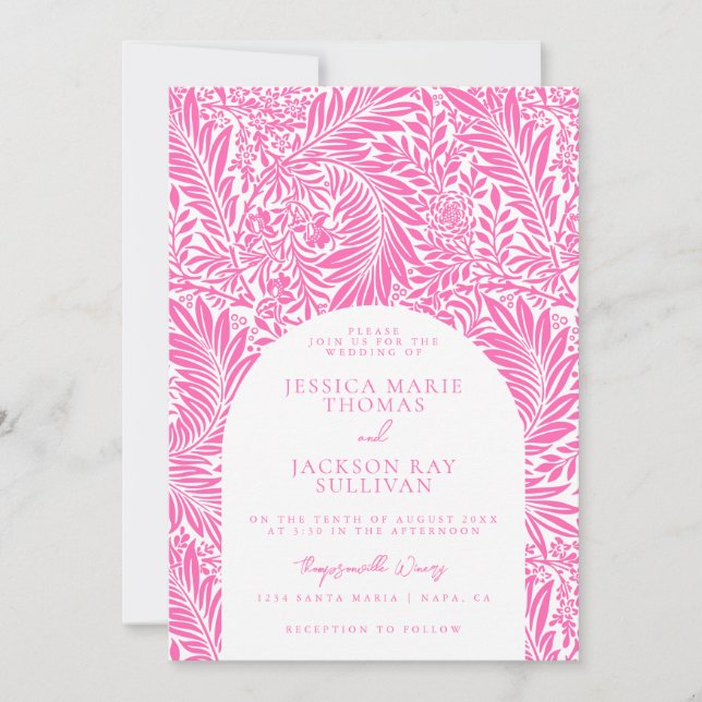 Convite de Casamento Botânico e Floral Rosa Quente (Frente)