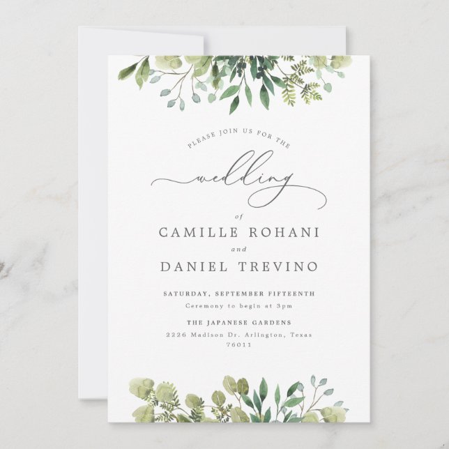 Convite de Casamento Botânico Elegância Verde (Frente)