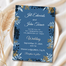 Convite de Casamento Botânico Elegante Azul