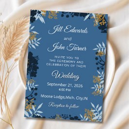 Convite de Casamento Botânico Elegante Azul