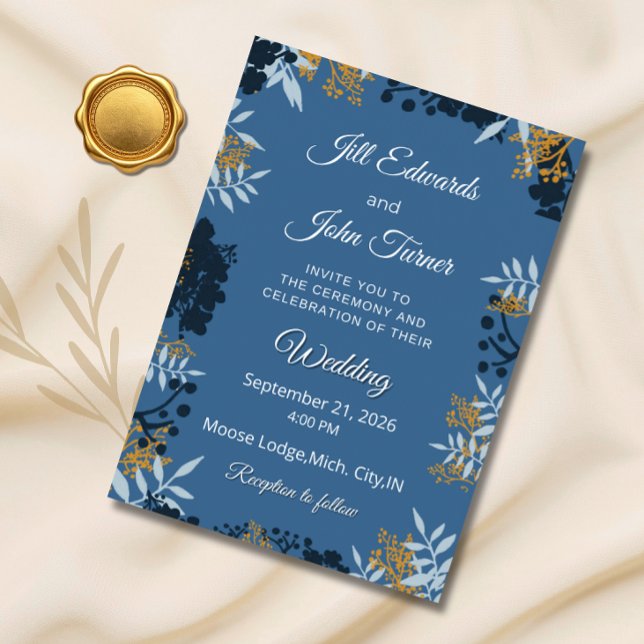 Convite de Casamento Botânico Elegante Azul  (Criador carregado)