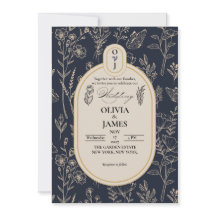 Convite de Casamento Botânico Elegante Azul Naval