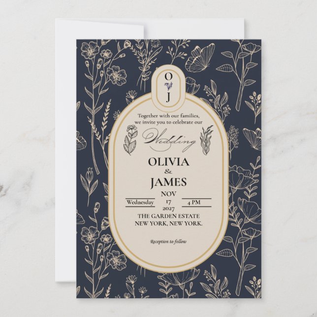 Convite de Casamento Botânico Elegante Azul Naval  (Frente)