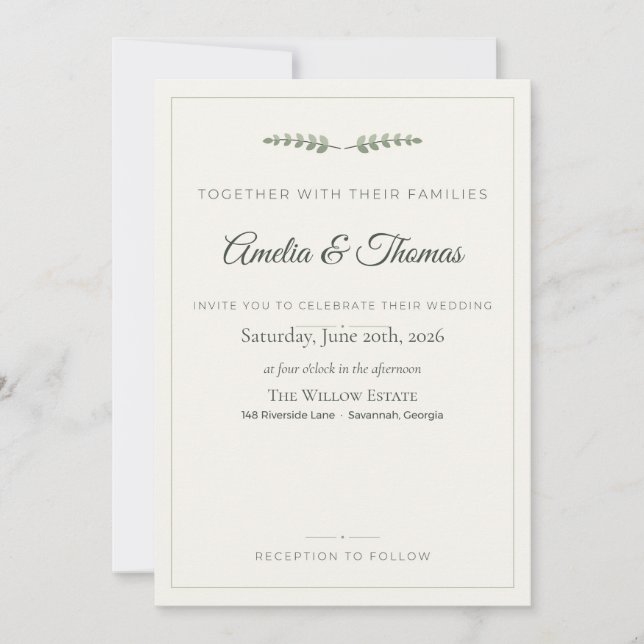 Convite de Casamento Botânico Elegante em Sage Ver (Frente)