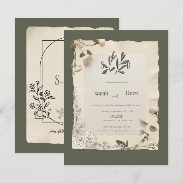 Convite de Casamento Botânico Elegante Verde | Ru (Frente/Verso)