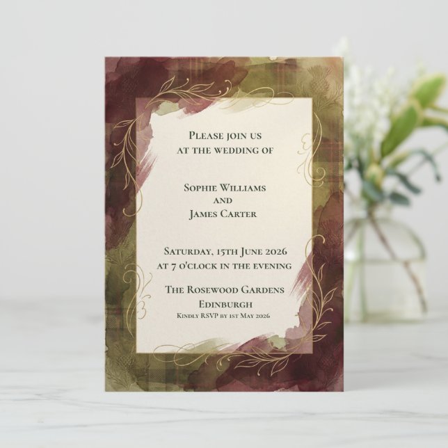Convite de Casamento Botânico em Aquarela Burgundy (Em pé/Frente)