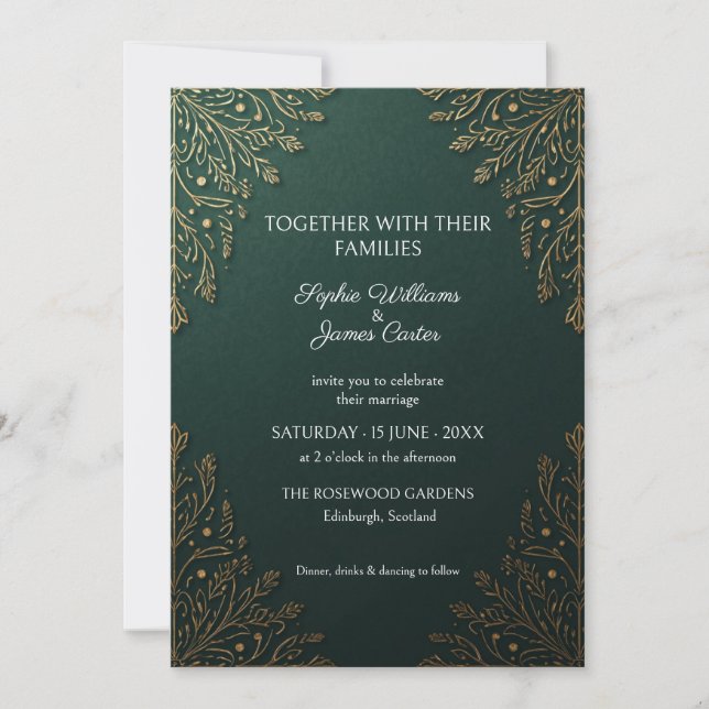 Convite de Casamento Botânico em Ouro e Verde Esme (Frente)