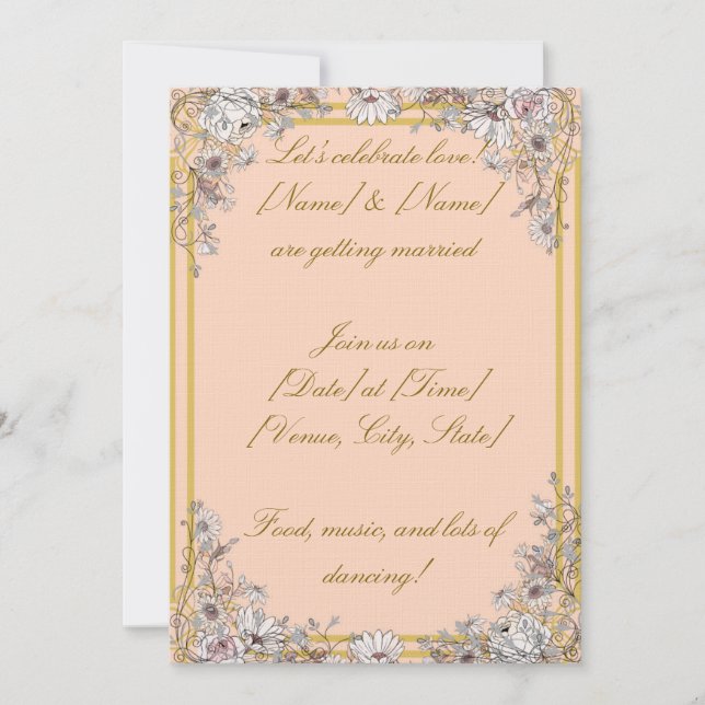 Convite de Casamento Botânico em Pêssego e Dourado (Frente)