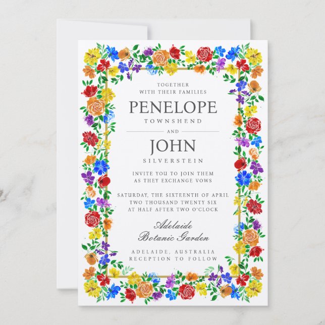 Convite de Casamento Botânico Floral Arco-Íris Aqu (Frente)