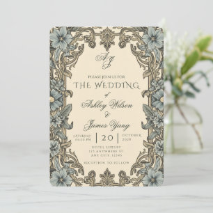 Convite de Casamento Botânico Floral Azul Elegante