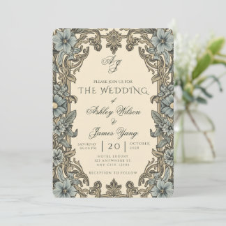 Convite de Casamento Botânico Floral Azul Elegante