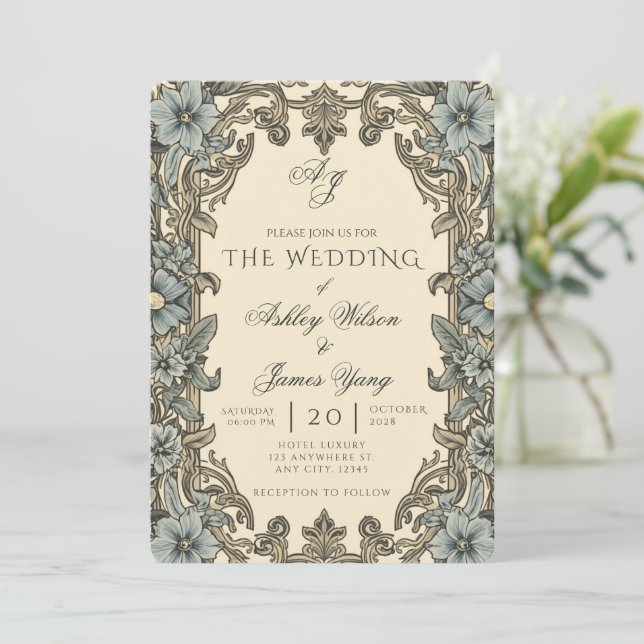 Convite de Casamento Botânico Floral Azul Elegante (Em pé/Frente)