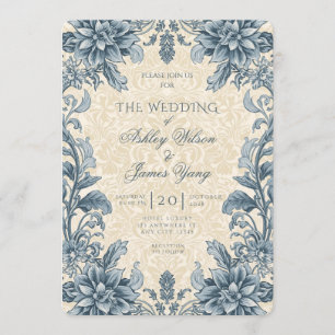 Convite de Casamento Botânico Floral Azul Elegante