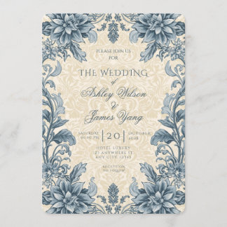 Convite de Casamento Botânico Floral Azul Elegante