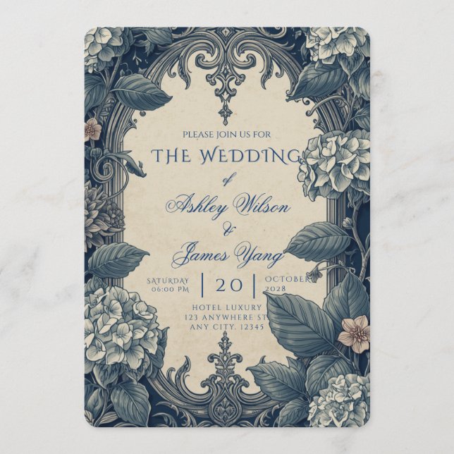 Convite de Casamento Botânico Floral Azul Elegante (Frente)