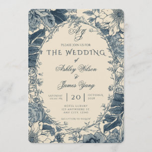 Convite de Casamento Botânico Floral Azul Elegante