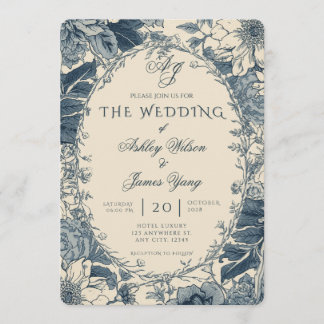 Convite de Casamento Botânico Floral Azul Elegante