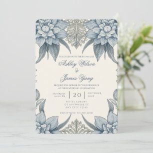 Convite de Casamento Botânico Floral Azul Elegante